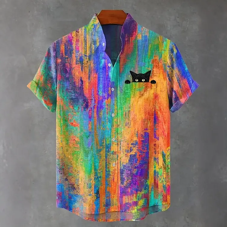 Men's Vintage Colorful Mottled Black Cat Art Print Cotton Linen Short-sleeve Shirt