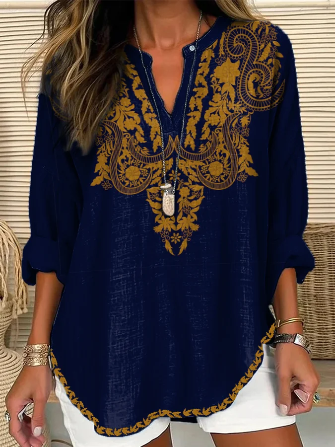 Comstylish Classic Ethnic Floral  Pattern Women's V-Neck Shirt