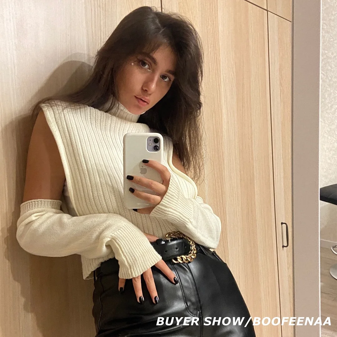 Abebey Y2k Knitted Turtleneck Sweater Vest with Long Sleeve Solid Indie Vintage Crop Tops Fall Winter Clothes Women C88-DZ20