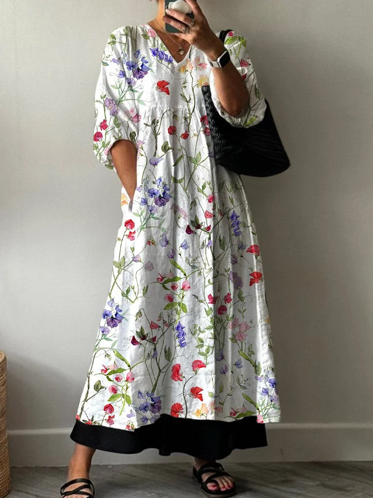 Watercolor Meadows Floral Pattern Printed Women's Pocket V-Neck Cotton Dress