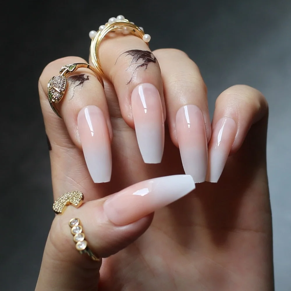 jelly gel ombre Coffin Acrylic nails nude salon 24pcs fake nails ballet UV glossy reuse trapezoid Baby Boomer yellow ombre-Nail Inspo