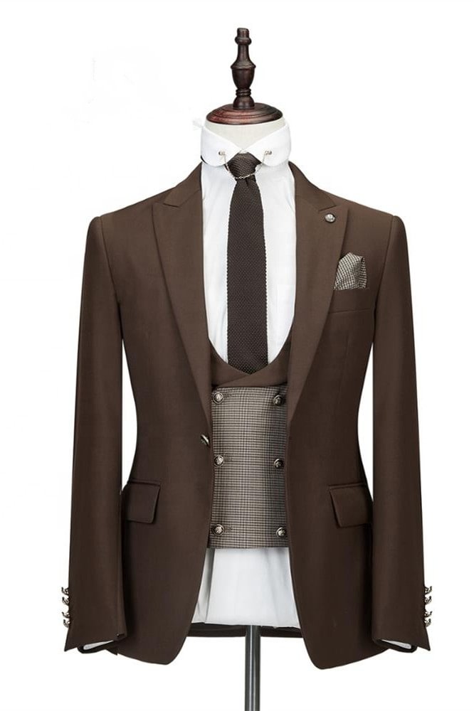 Unique Brown Slim Fit Three Pieces Peaked Lapel Wedding Suit For Men | Ballbellas Ballbellas