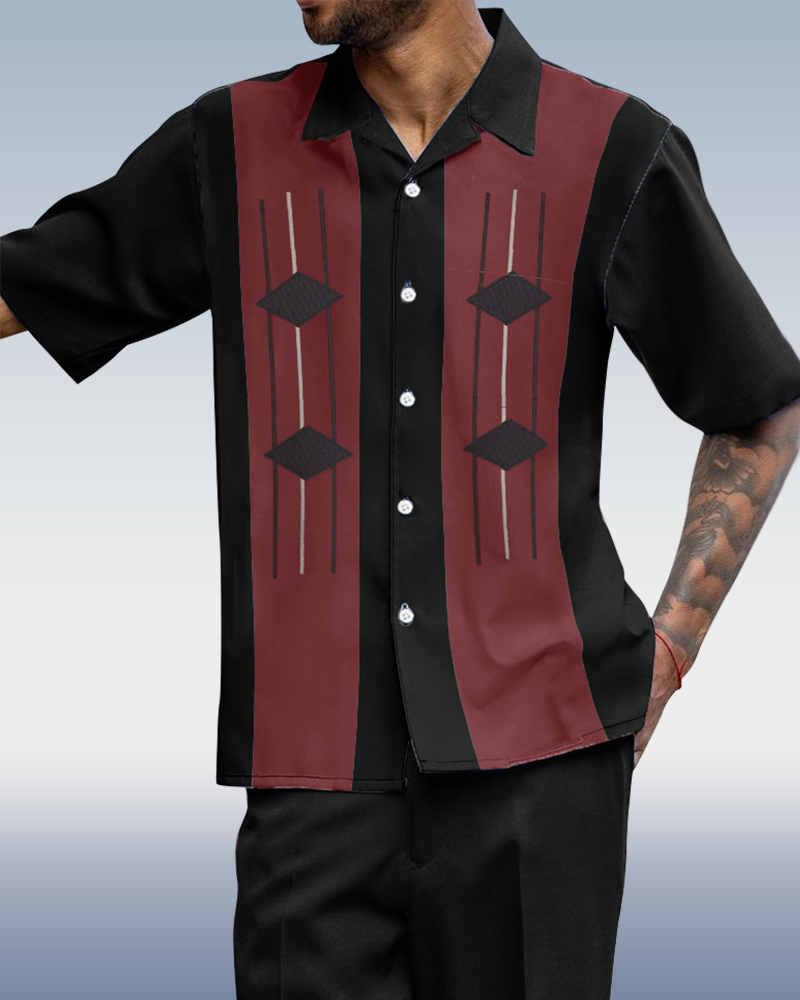 Black Vertical Stripe Print Short Sleeve Walking Suit