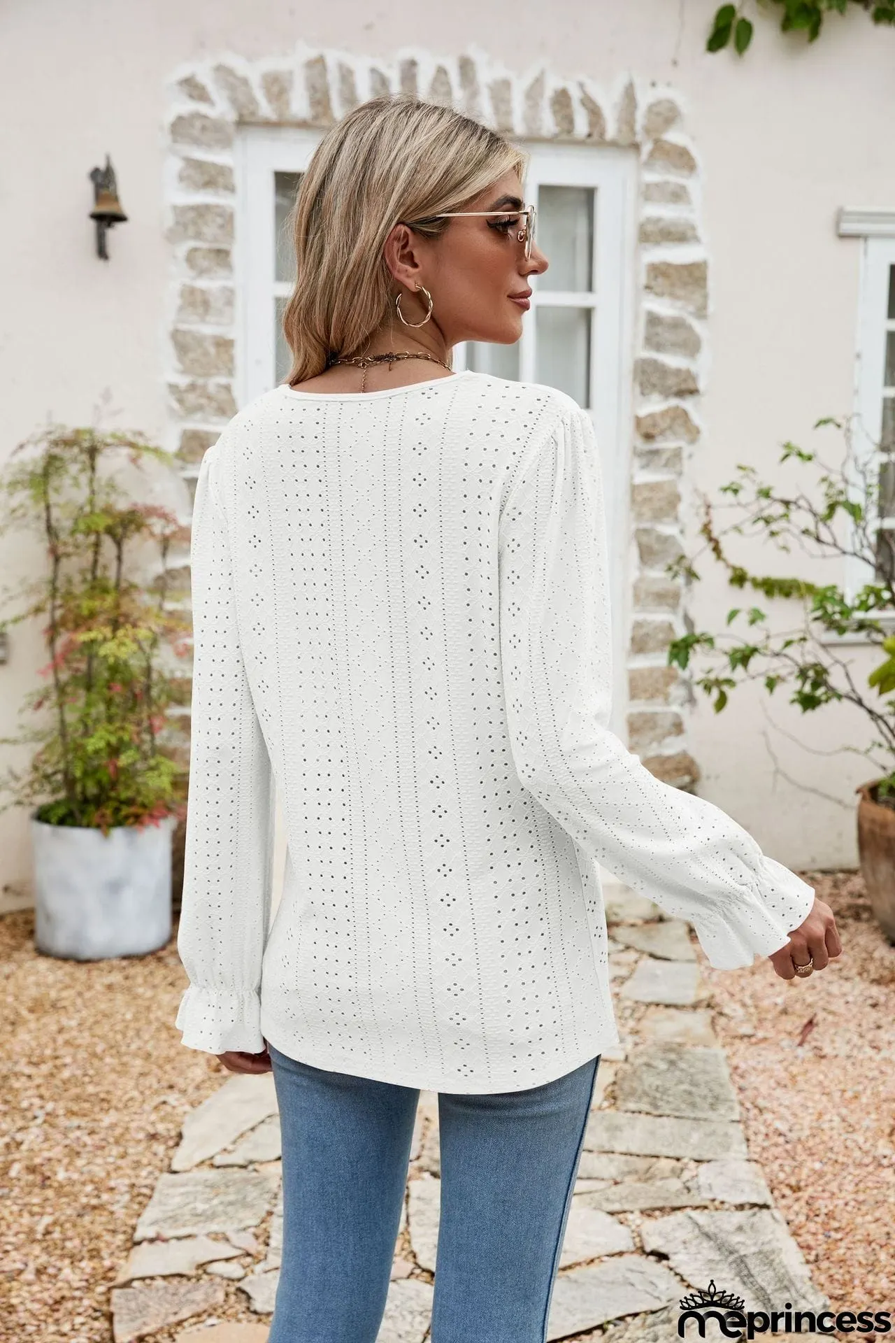 Eyelet Lace Trim Flounce Sleeve Blouse