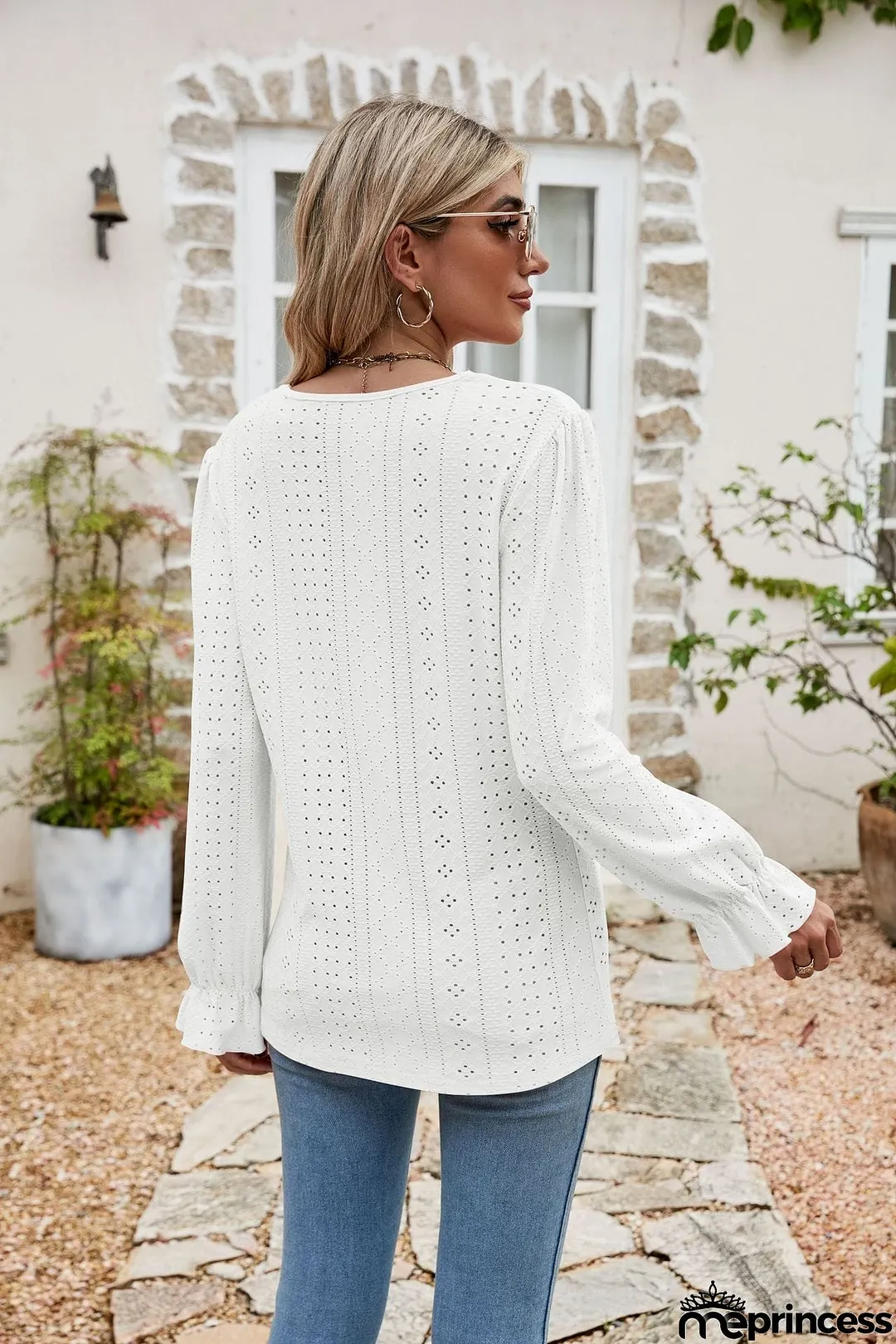 Eyelet Lace Trim Flounce Sleeve Blouse