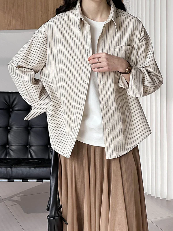 Long Sleeves Loose Buttoned Pockets Striped Lapel Blouses&Shirts Tops
