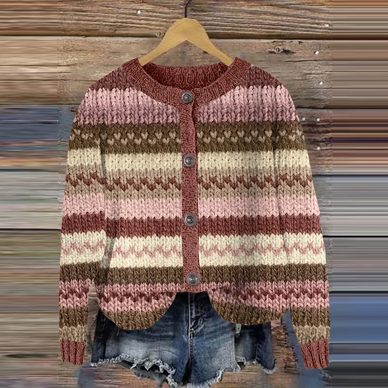 Retro Geometric Stripes Knitted Button Down Cozy Sweater