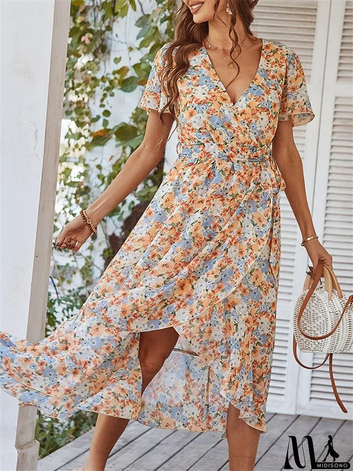 MidiSono - Sexy V-Neck Floral Printed Irregular Hem Dresses