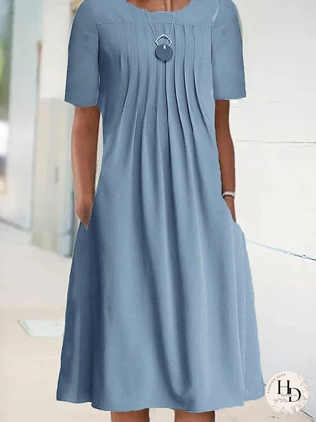 Casual Dress Shift Dress Midi Dress Blue Green Short Sleeve Pure Color Ruched Fall Spring Summer Crew Neck Basic Daily Weekend Loose Fit S M L XL XXL 3XL 4XL 5XL for Women