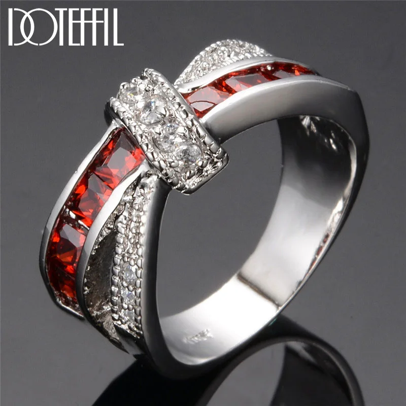 DOTEFFIL 925 Sterling Silver Red/Pink/Blue Six Colors AAA Zircon Crystal Ring For Women Jewelry