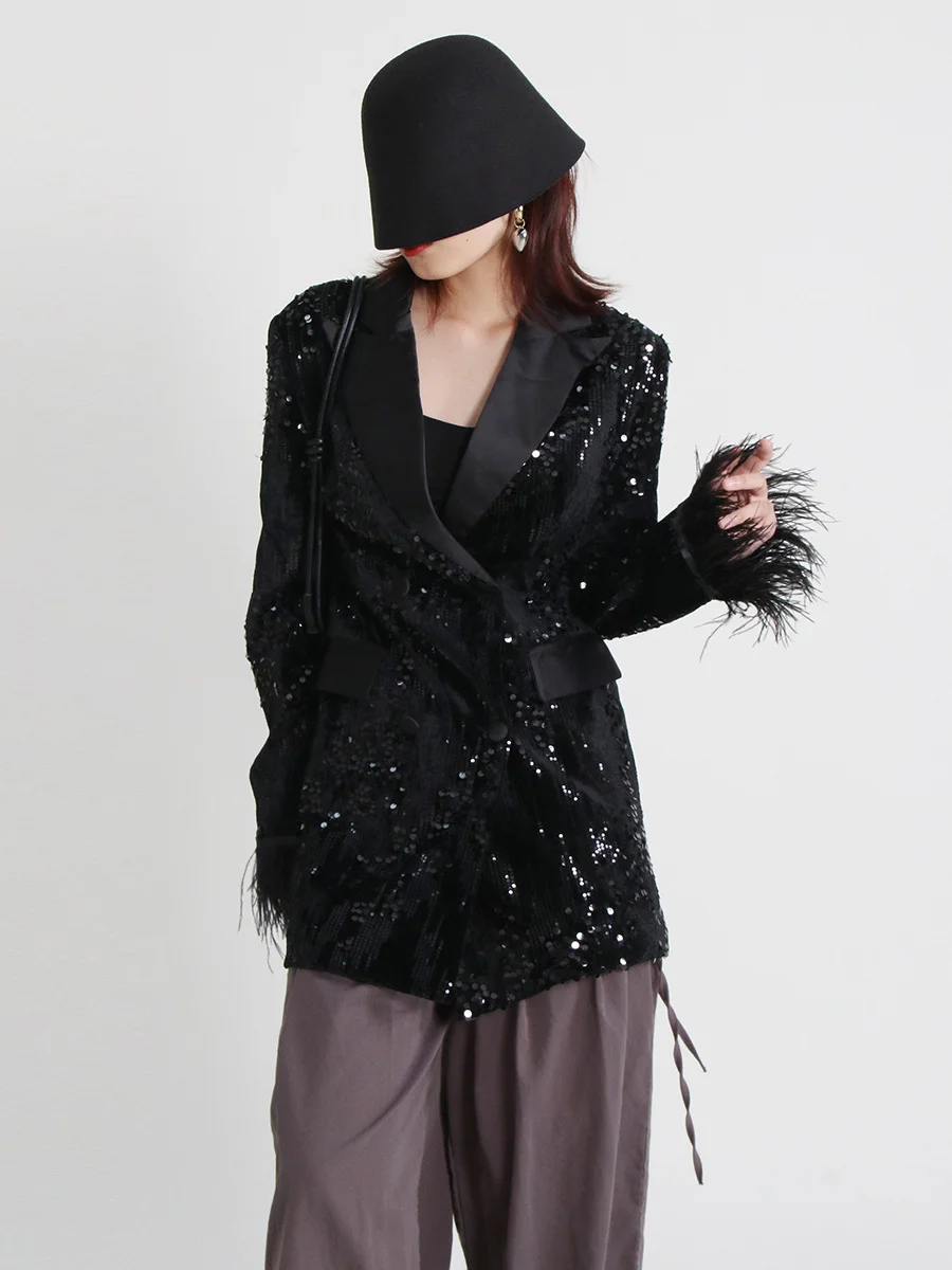 Woherb Woherb 2024 New V-Neck Long Sleeve Sequin Ostrich Splicing Suit Jacket-Outfit Ideas
