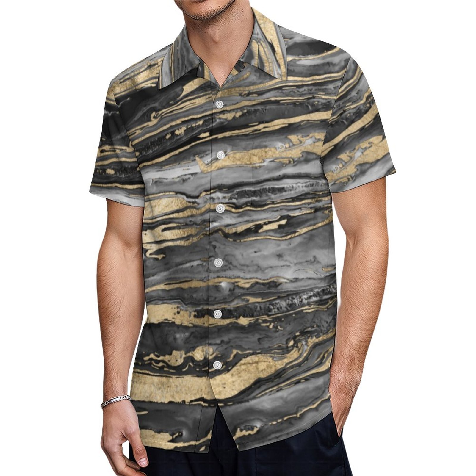 Stylish Gold Abstract Marbleized Paint Hawaiian Shirt Mens Button Down Plus Size Tropical Hawaii Beach Shirts