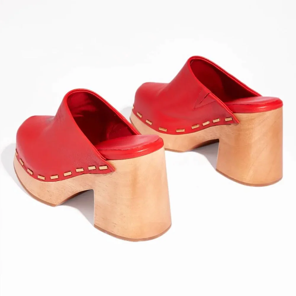 Fashion Red Square Toe Chunky High Heel Platform Mules for Women