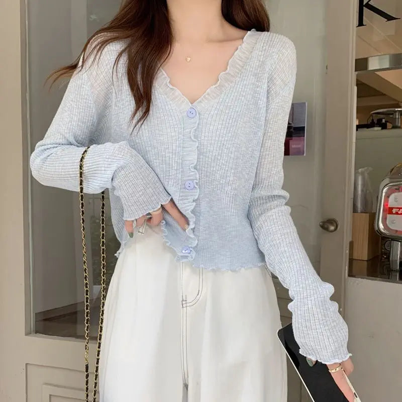 New Summer Cardigan Women Korean Fashion Sweet V-neck Ruched Button Long Sleeve See Through Cropped Cardigans LANFUBEISI