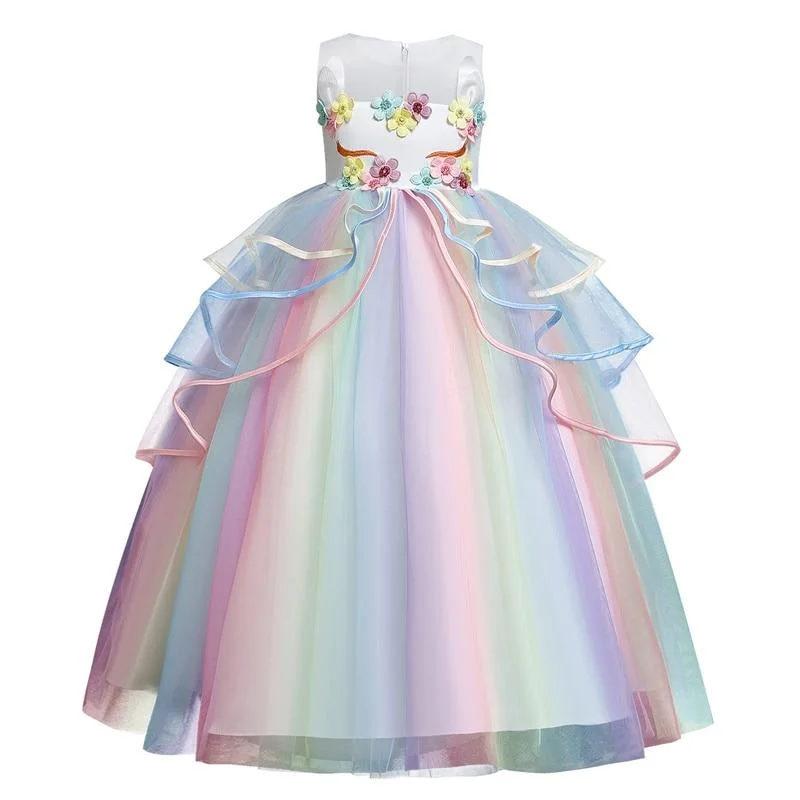 Unicorn Tutu Dress for Little Girl Summer Sleeveless Elegant Party Gown Children Fancy Wedding Dress Birthday Embroidery Costume