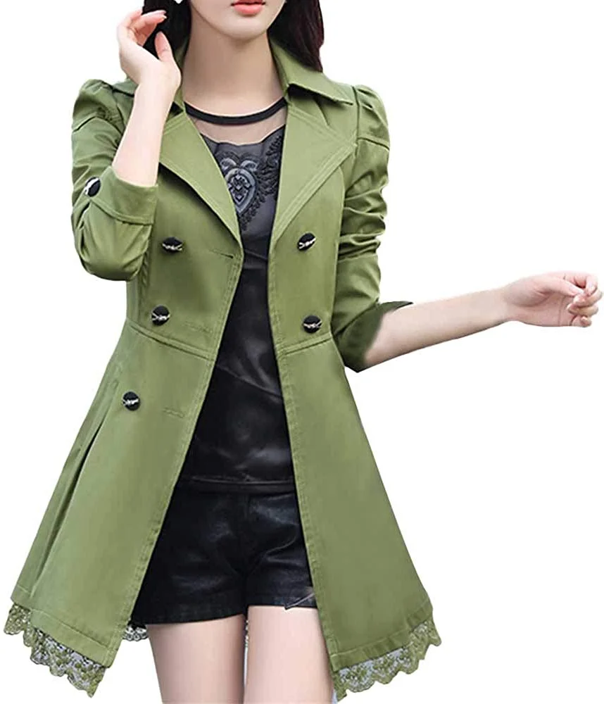 Womens Trench Coat Double-Breasted Coats Bowknot Sashes Outwear Lace Hem