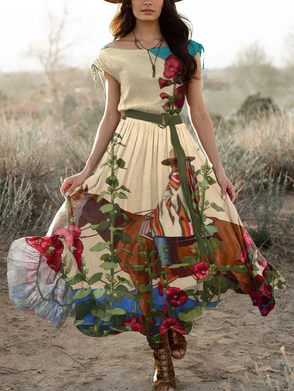 Women's Retro Western Style Print Maxi Dress