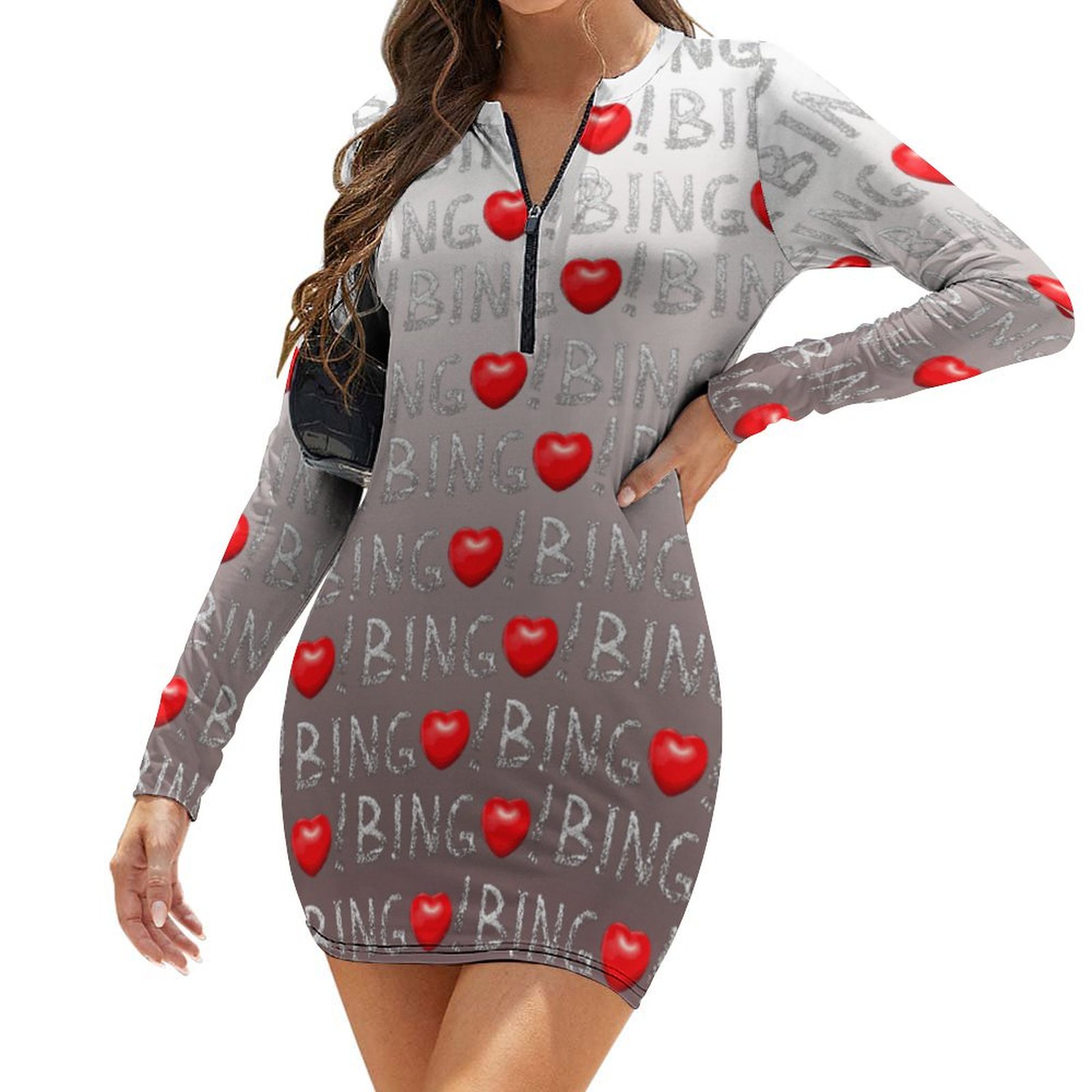Women Vintage Bingo Dresses Playing Cards Heart Leisure Games Long-sleeve Zipper Front Bodycon Dress