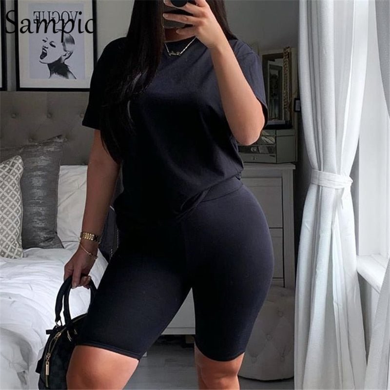 Sampic Summer Fashion White Black Casual Women Set Short Sleeve Shirt Tops And Bodycon Shorts Two Piece Sets Outfit Suit 2020