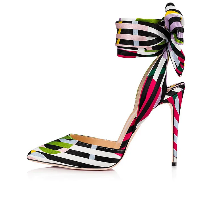 Multicolor Strip Bow Ankle Strap Heels Pumps |FSJ Shoes