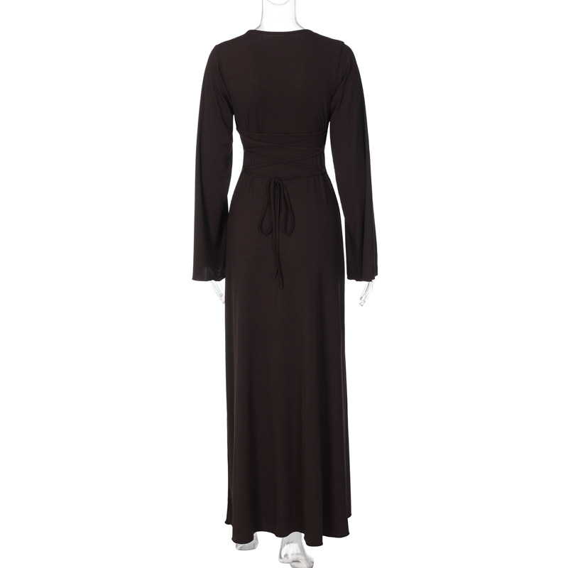 Ootddress Scoop Neck Lace-Up Ribbed Maxi Dress Female Long Sleeve Fashion Slim Loose Bandage Dress Autumn 2025 Solid Women Dress New