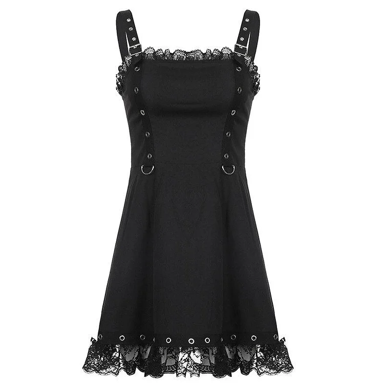 InsDoit Dark Gothic Lace Trim Black Dress Women Punk Sleeveless Backless Sexy Summer A-LINE Dress Aesthetic Partywear Club Dress