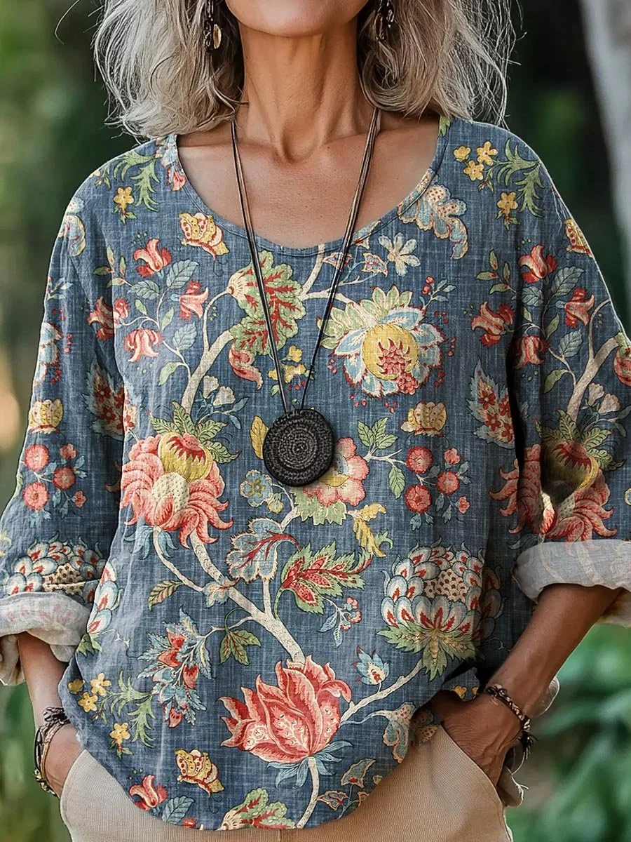 Women's Vintage Lovely Floral Art Print Casual Cotton And Linen Shirt