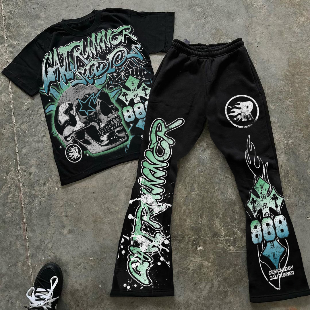 Flame Abstract Skull Graphics Short Sleeve Tee & Flared Trousers Two Piece Set - SOPULA