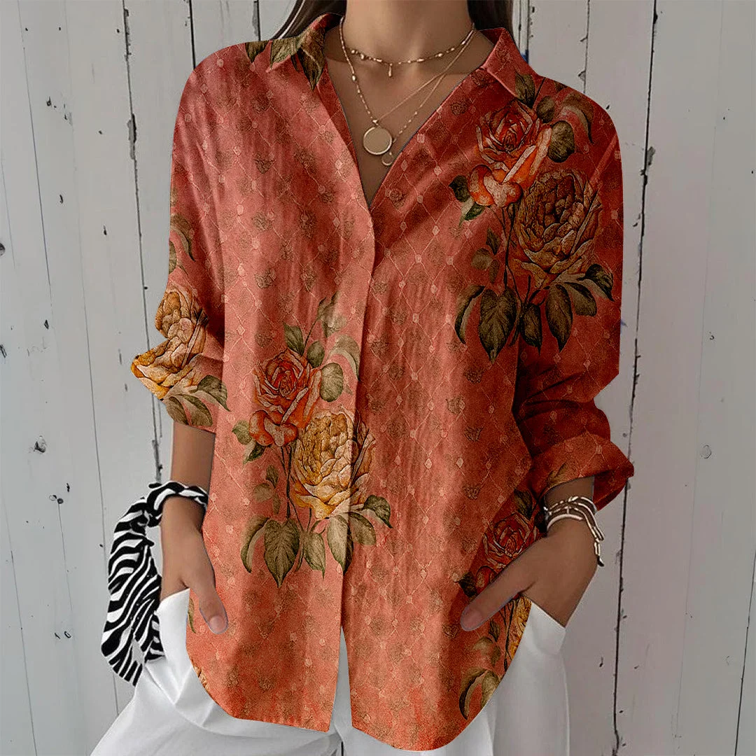 Style & Comfort for Mature Women Women Floral, Retro, Orange DZCL0507 3/4 Sleeve Shirt Collar Printed Button Tops