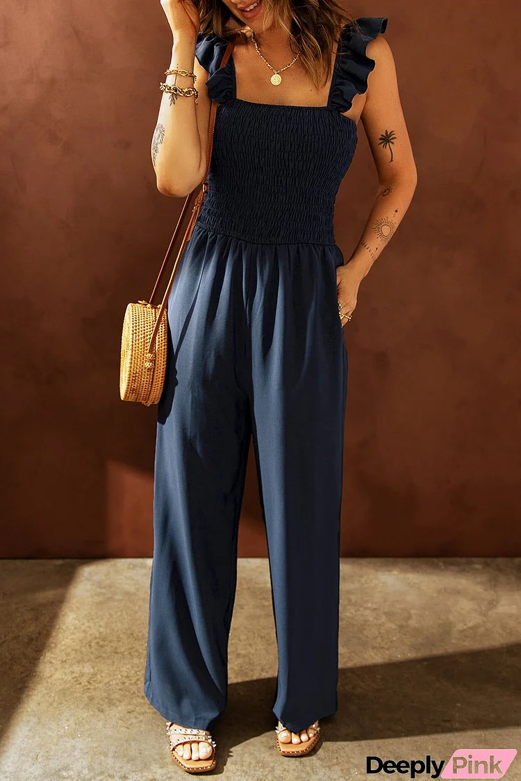 Blue Smocked Wide Leg Formal Jumpsuit