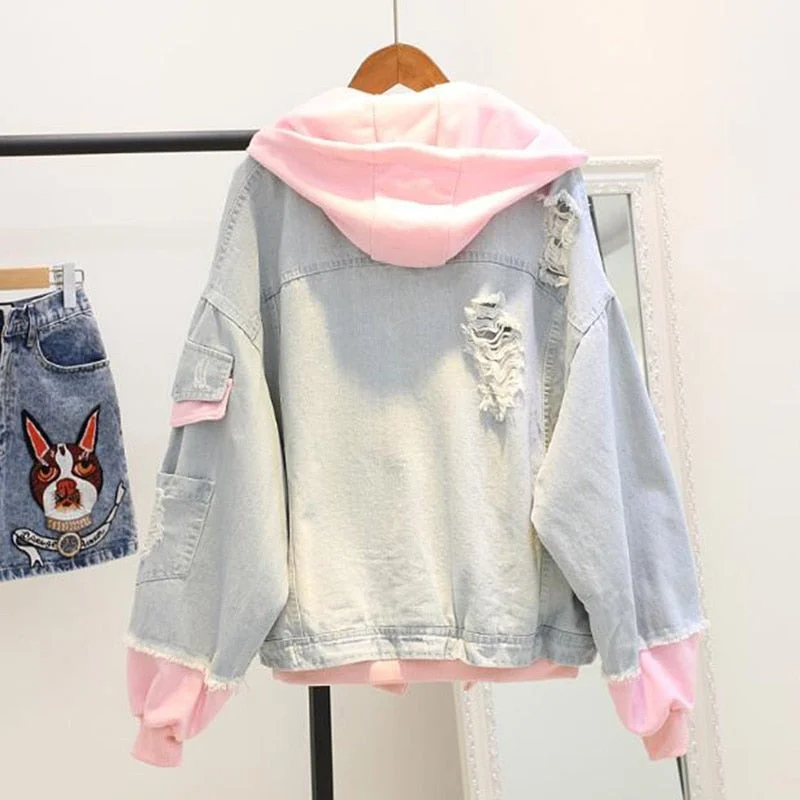 2021 Autumn Hooded Denim Jacket For Women Casual BF Jeans Jacket Holes Vintage Harajuku Coat Female Loose Streetwear Basic Coats