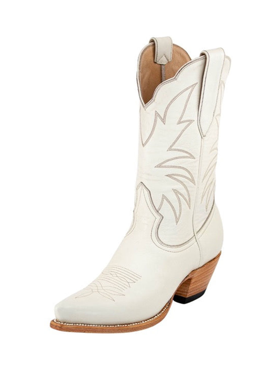 Ivory Chunky Heel Embroidered Mid-Calf Western Boots for Women