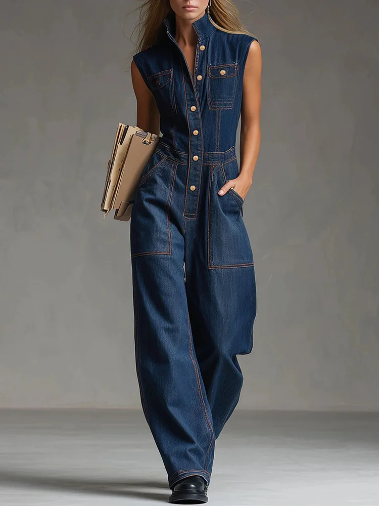Women's Casual Sleeveless Cotton Denim Jumpsuit