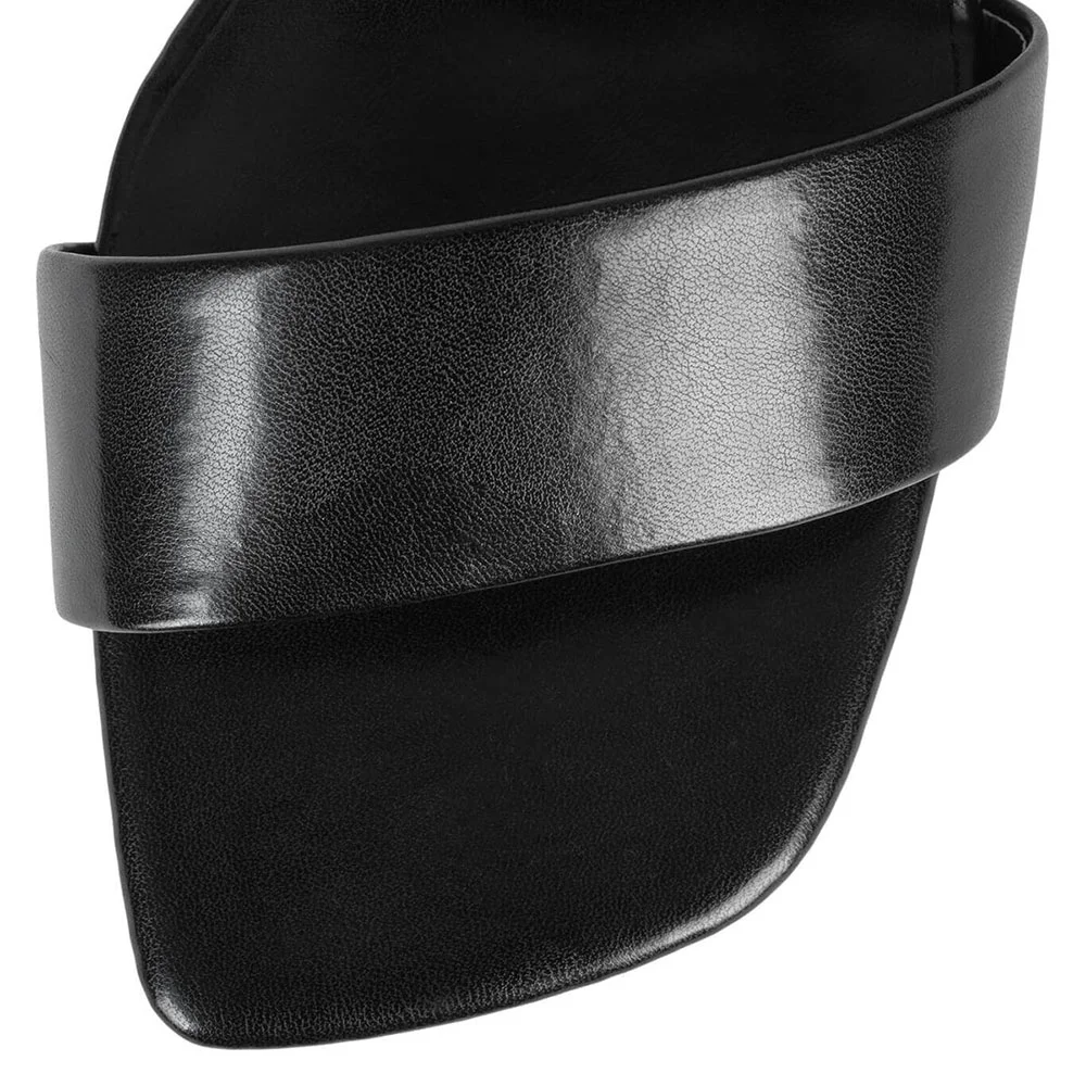 YDN Black Open Square Toe Slingback Simple Block Heel Sandals