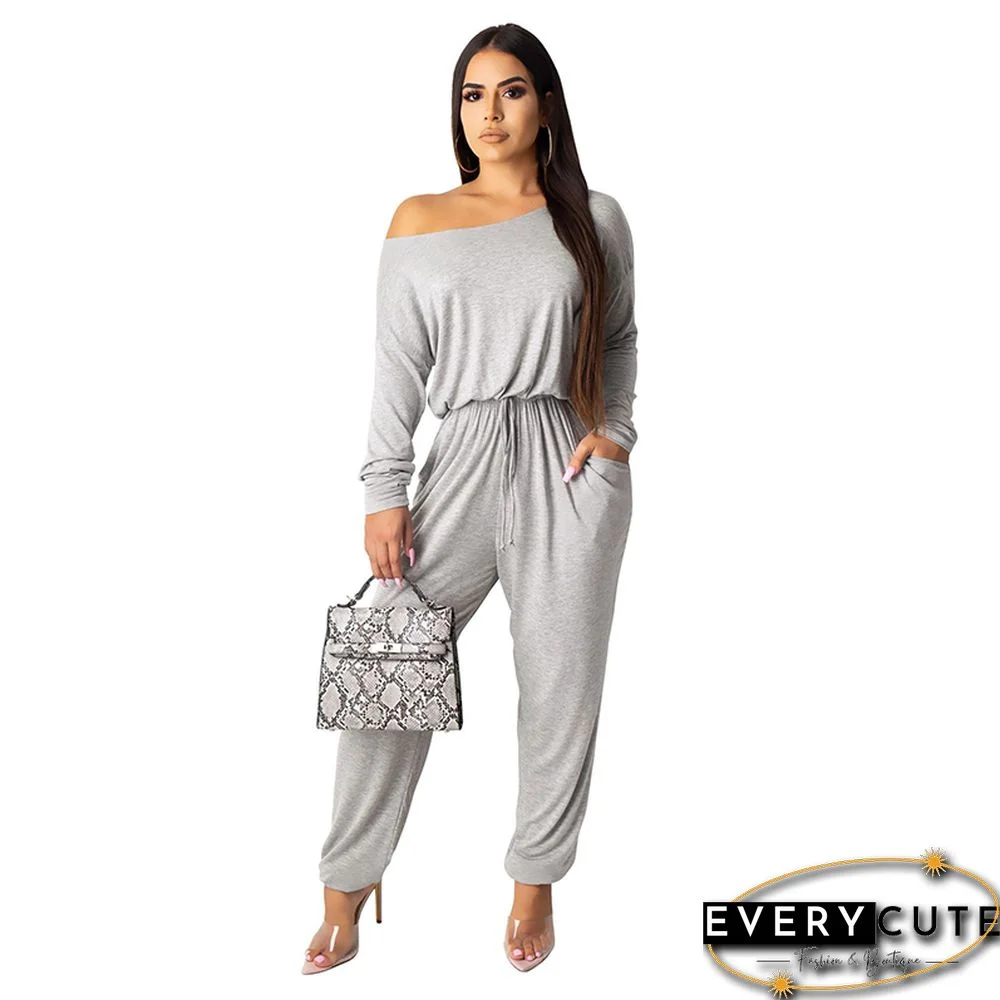 Solid Color Off Shoulder Gray Jumpsuit