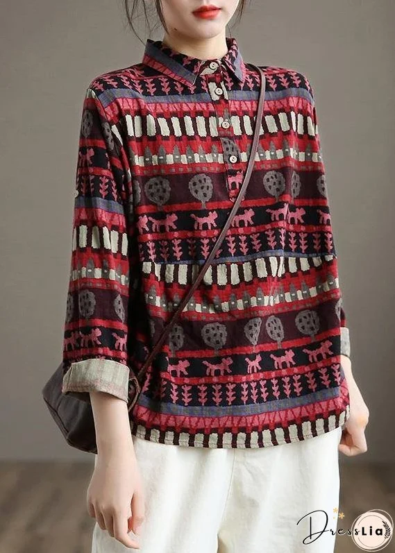 Women Red Ethnic Style Top Silhouette Lapel Loose Spring Shirt