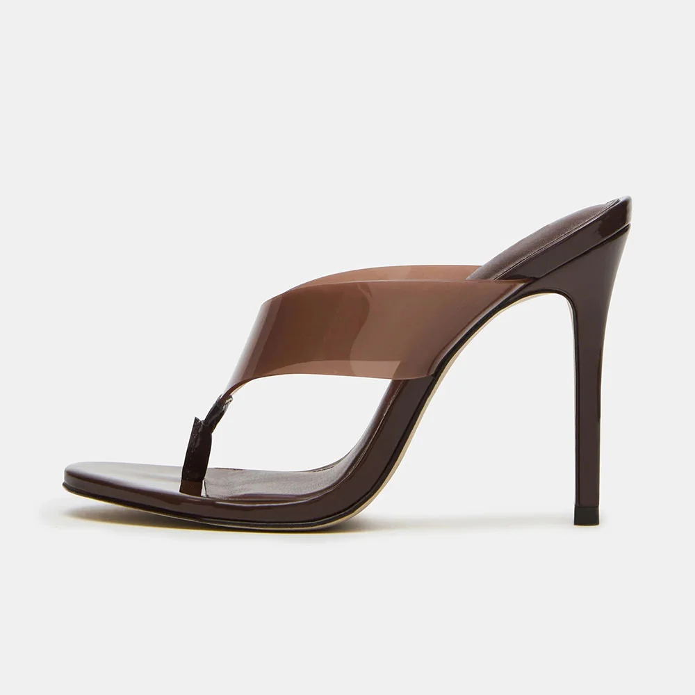 Brown Round Toe Stiletto Heel Flip Flops Clear Slip On Mules Shoes