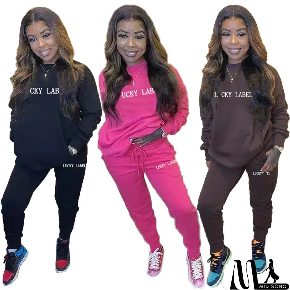 MidiSono - Fashion Letter Embroidery Casual Sweatshirts And Pants Two Piece Set