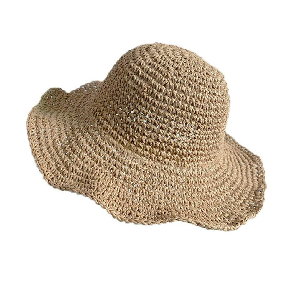 Hoilday Floppy Straw Hat Women Wide Brim Beach Foldable Bow Flower Straw Sun Hat