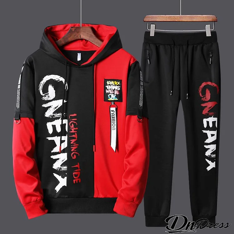 Men Casual Long Sleeve Hat Rope Letter Printed Hoodie And Drawstring Waist Jogger Pants Two-piece Set