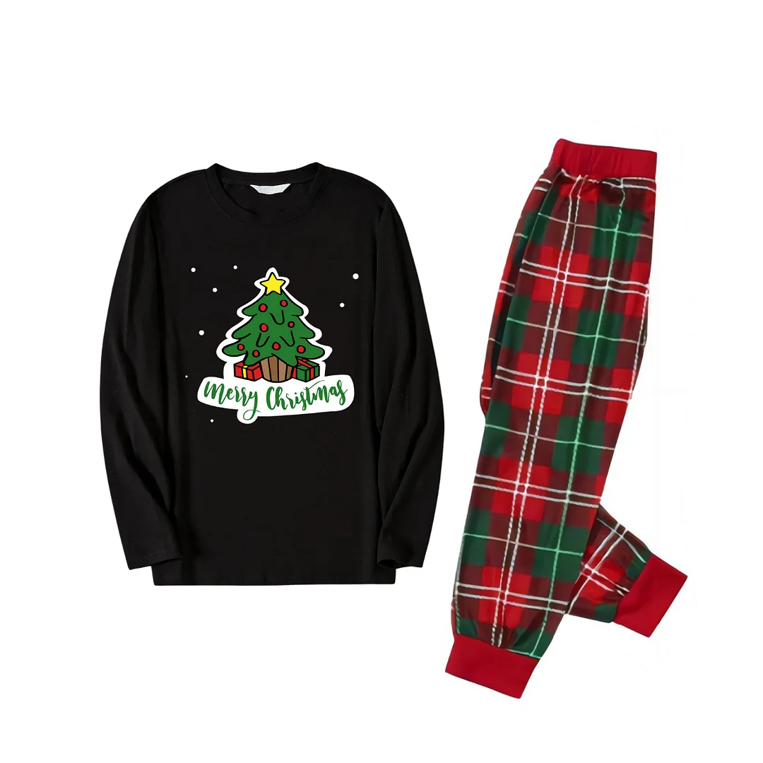 Christmas Tree and Gift Designs - Black Top with Red & Green Plaid Pants Family Matching Pajama