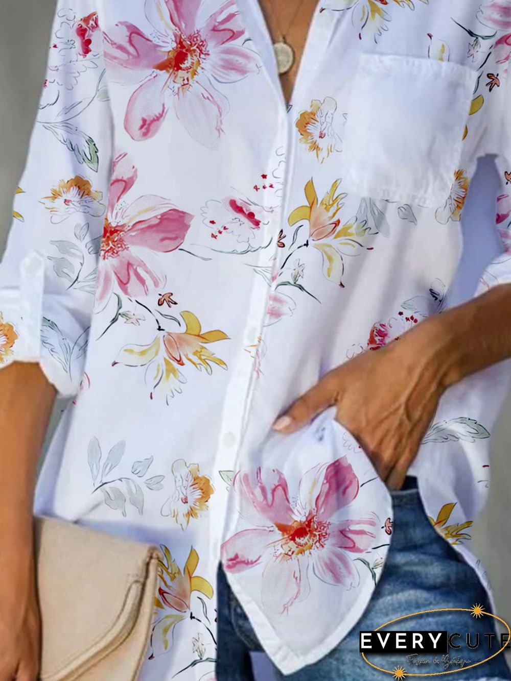 Floral Long Sleeve Pocket Buttoned Plus Size Casual Shirts