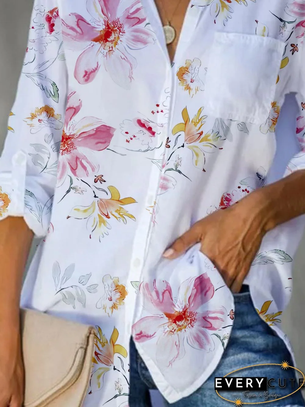 Floral Long Sleeve Pocket Buttoned Plus Size Casual Shirts