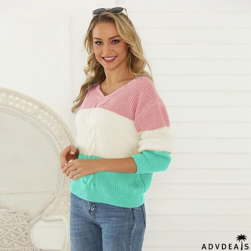 Color Block V-Neck Long Sleeve Sweater