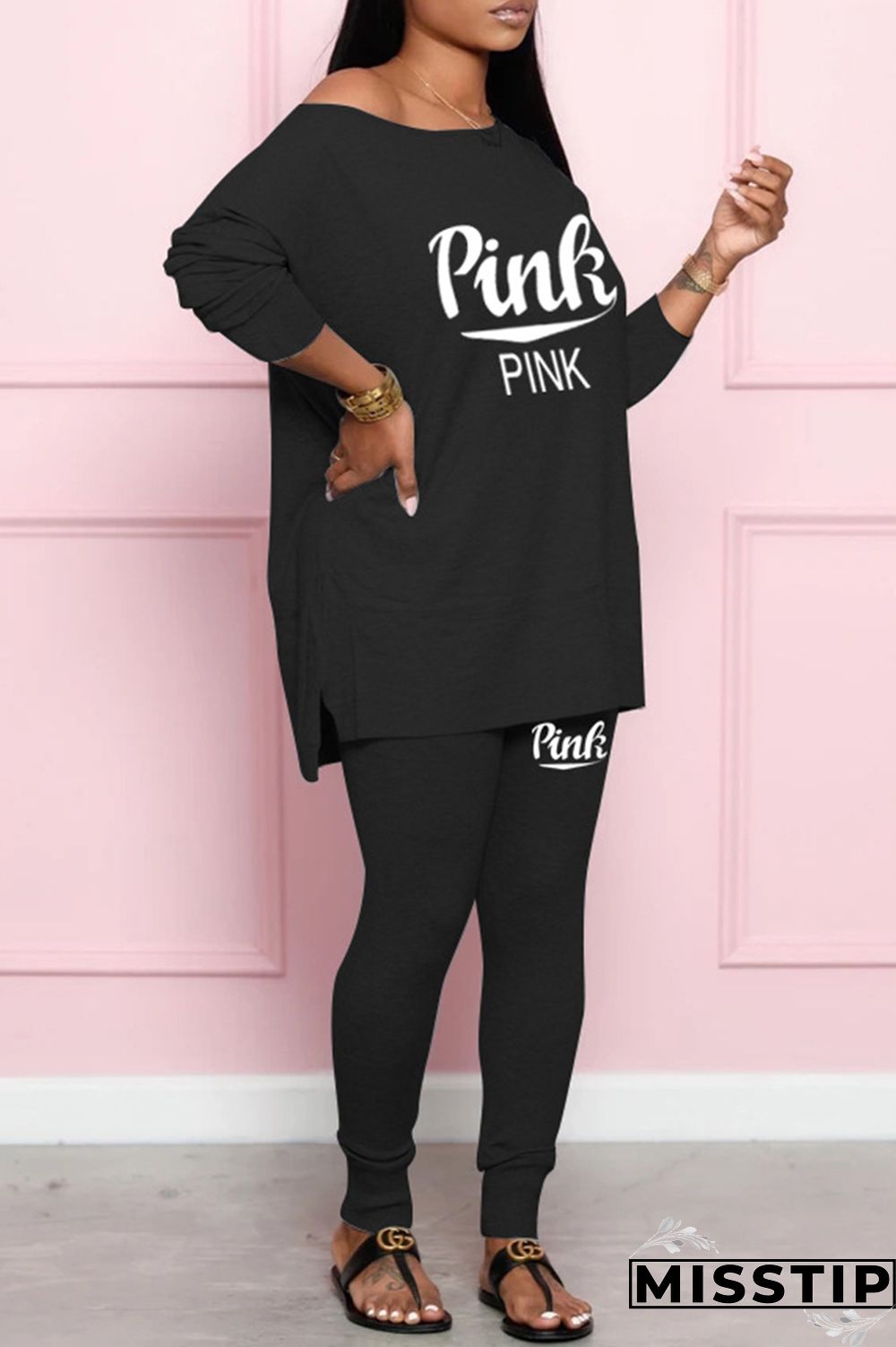 Black Fashion Casual Letter Print Slit O Neck Long Sleeve Two Pieces