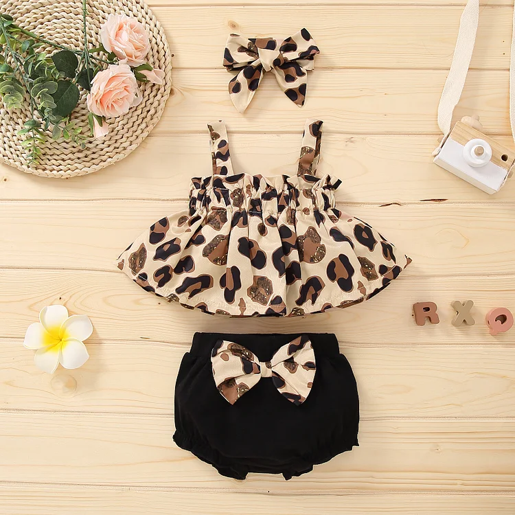 Baby Leopard Suspender & Shorts  Headband Set