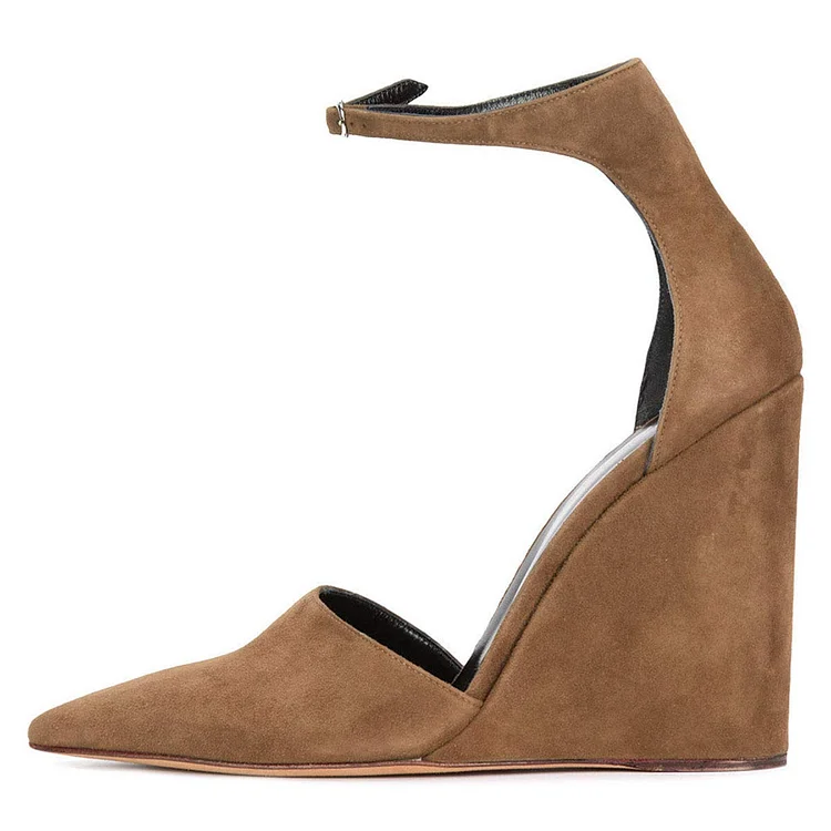 Brown Wedge Ankle Strap Pointy Toe Pumps Vdcoo