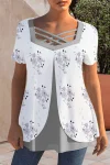 Plus Size Cross Strap Short Sleeve Floral Print Blouses