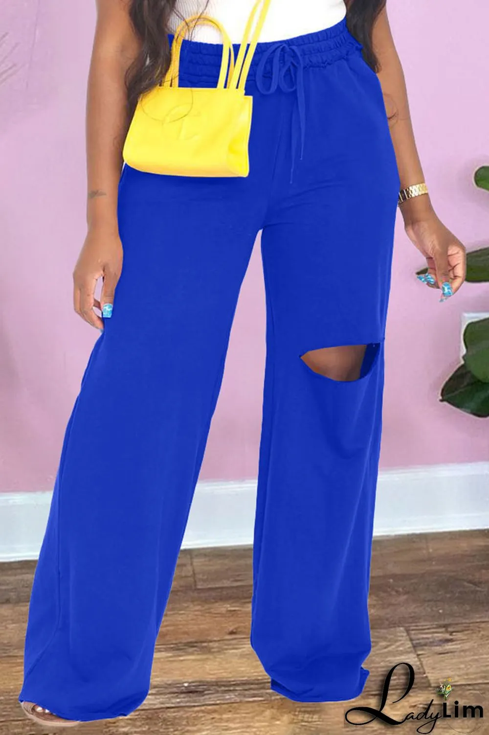 Pink Casual Solid Ripped Patchwork Straight High Waist Straight Solid Color Bottoms