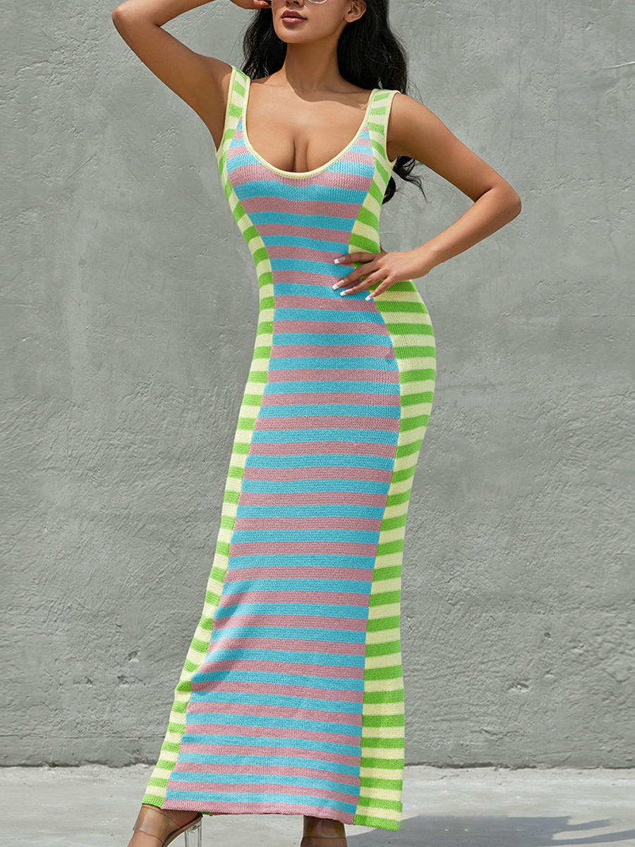 U Neck Striped Color Contrast Midi Dress